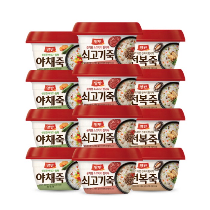 양반 쇠고기죽285gx4개+야채죽285gx4개+전복죽285gx4개(총12개), 1세트 대표 이미지 - 맛있는 죽 추천