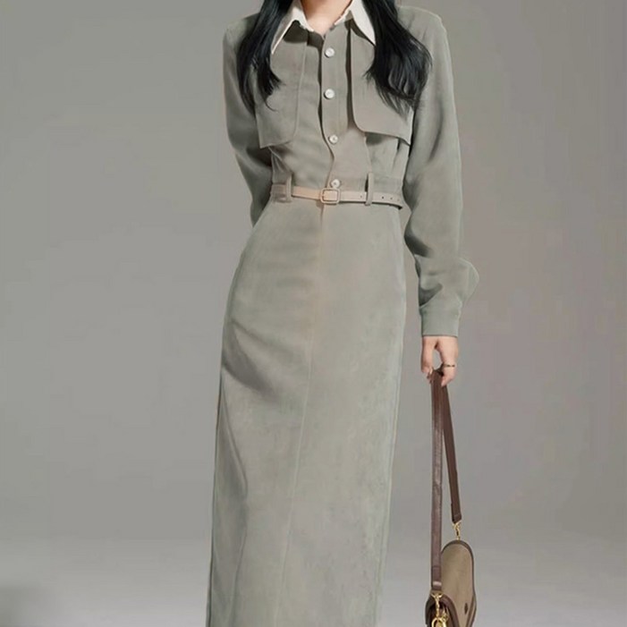 페이퍼먼츠 카라 배색 벨트 긴팔 롱 원피스 07099