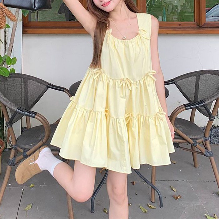더시럽 여성용 리본 보타이 캉캉 나시 미니 원피스