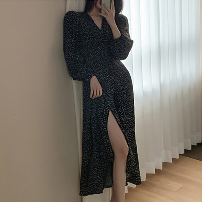 페이릿 여성용 도트 랩스타일 브이넥 롱 원피스