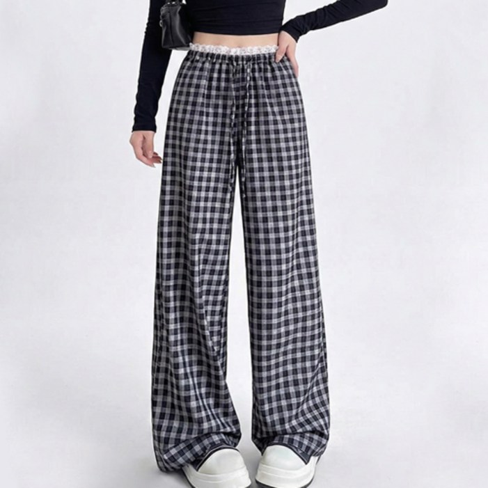 파라다이소 여성용 아이캔심플 로맨틱 체크 레이스 밴딩 와이드 팬츠