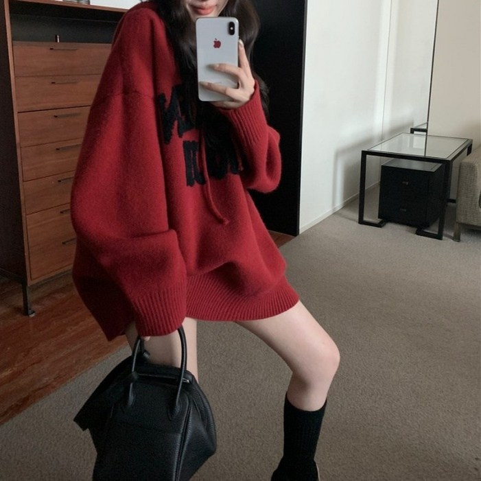 아이엠몽 여성용 오버핏 레터링 스트링 긴팔 후드 티셔츠 R5W116