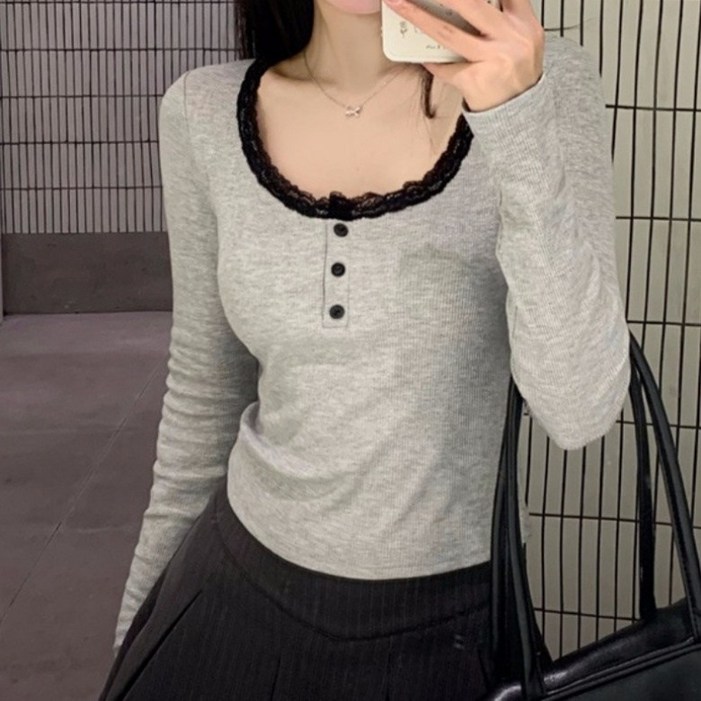 아이엠몽 여성용 슬림핏 유넥 레이스 골지 크롭 긴팔 티셔츠 R6S169