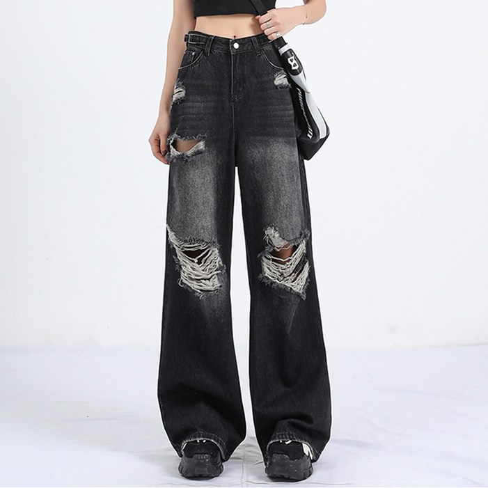 닷이프 여성용 다크 데미지 와이드 찢청바지
