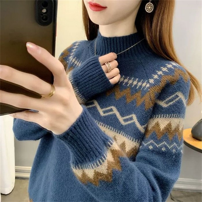 TKX 여성용 고급 울혼방 하이넥 스웨터 긴팔 가을 겨울 기하학 무늬 니트 오버핏
