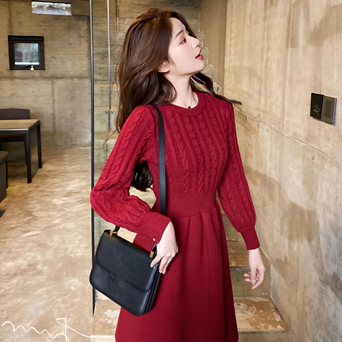 메이리앤 여성 미디움 꽈배기 니트 긴팔 원피스 연말 하객룩