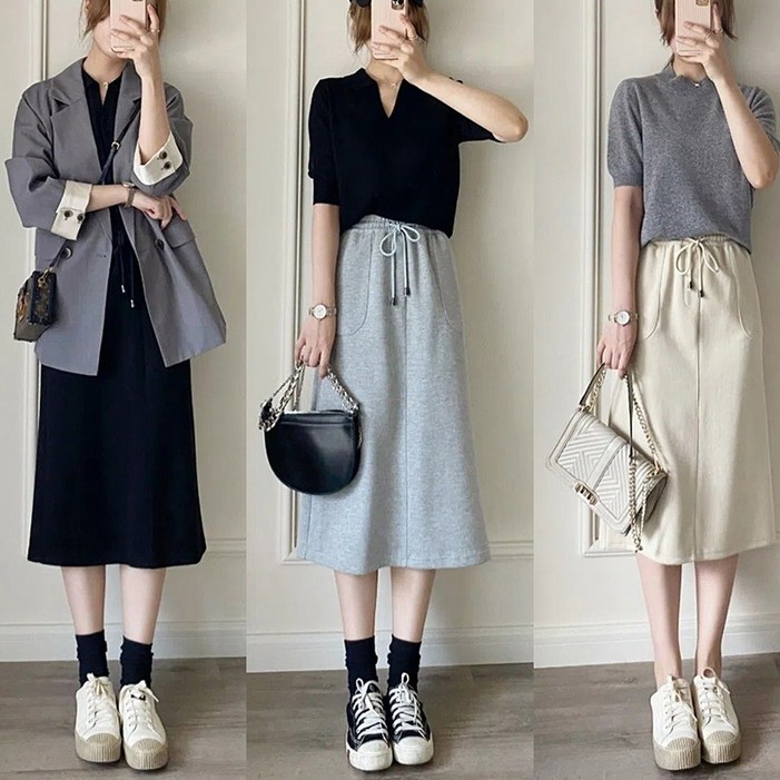 뒷트임 날씬한 보이는 맨투맨스커트 캐주얼 패션 여성 미디치마 스커트 스트링 스트랩 스판 홈스커트