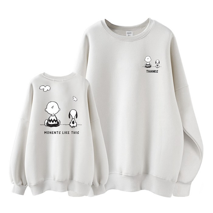 스누피 정품 남녀공용 오버핏 캐릭터 라운드 맨투맨 빅사이즈 데일리 티 루즈핏 커플 티셔츠 남자 여성 롱티 단체티 지금이순간