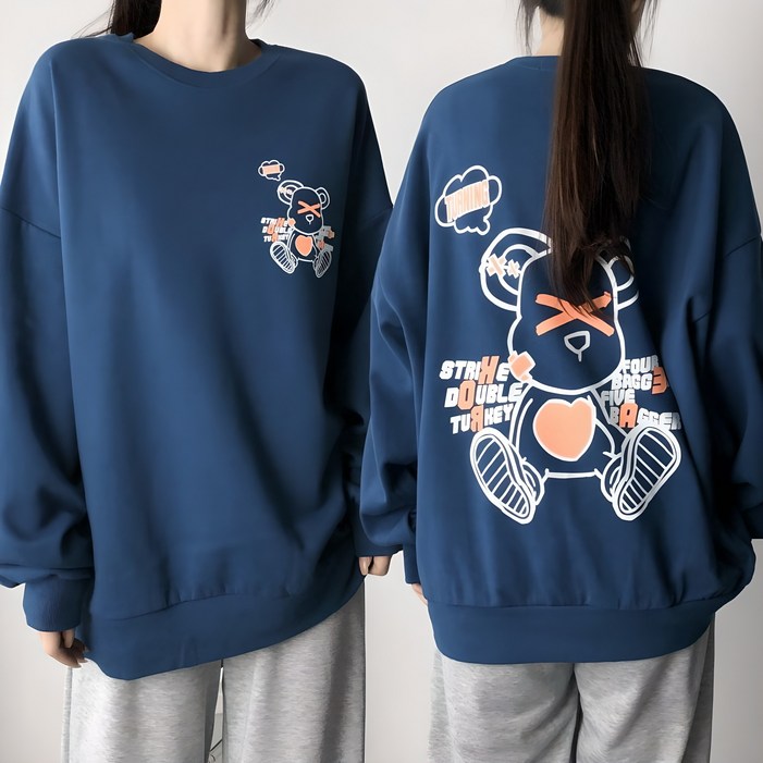 레이디스룸 기모선택 국산 오버핏 곰돌이 프린팅 맨투맨 빅사이즈 남녀공용