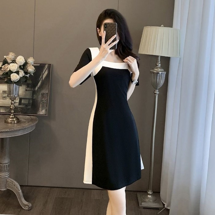 AOKADA 여성 여름 스퀘어넥 슬림핏 반팔 미니 원피스