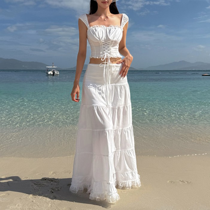 비바럽 화이트 휴양지원피스 투피스 바캉스룩 롱 여름원피스 OP20314F