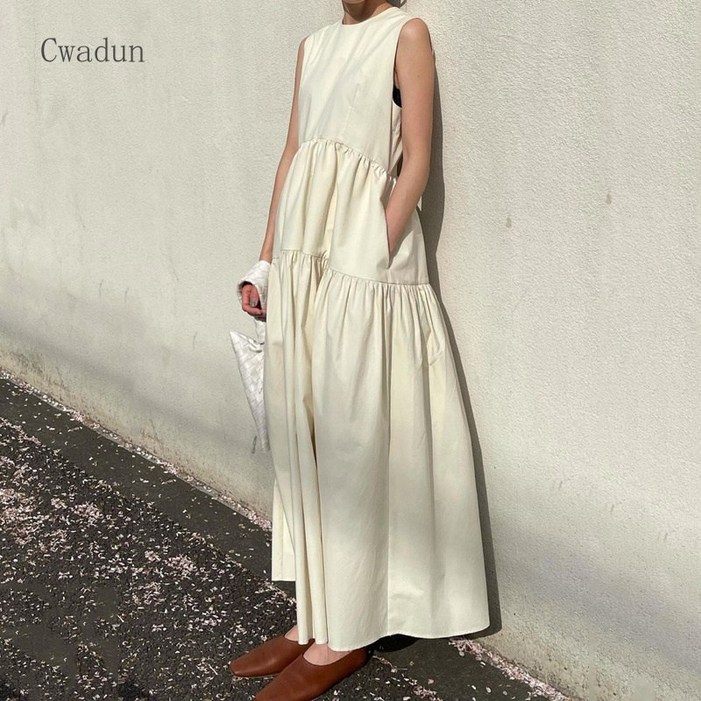 Cwadun 여름 무소매 A라인 라운드넥 실루엣 원피스 ML443