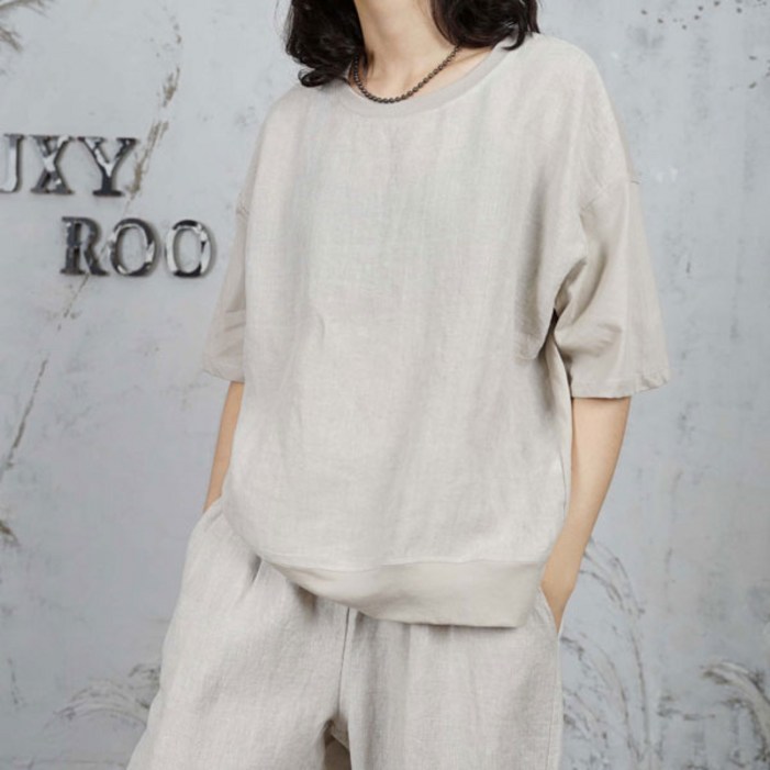 벅시루 린넨 앞뒤배색 양슬릿 여자맨투맨 린넨티셔츠 오버핏 라운드넥 시원한 여름 여성 엄마옷 반팔티