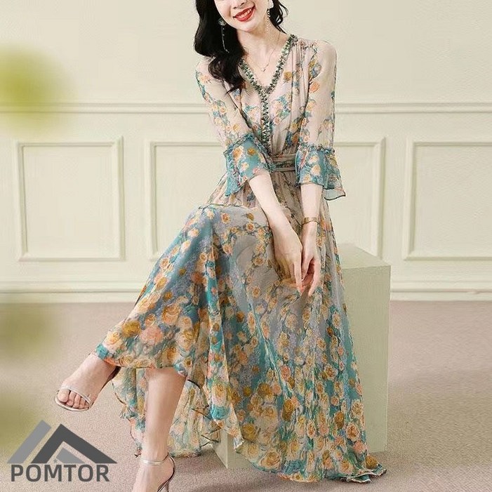 POMTOR 여성 7부 소매 플라워 쉬폰 롱 원피스 데일리 빅사이즈 브이네 휴양지 원피스