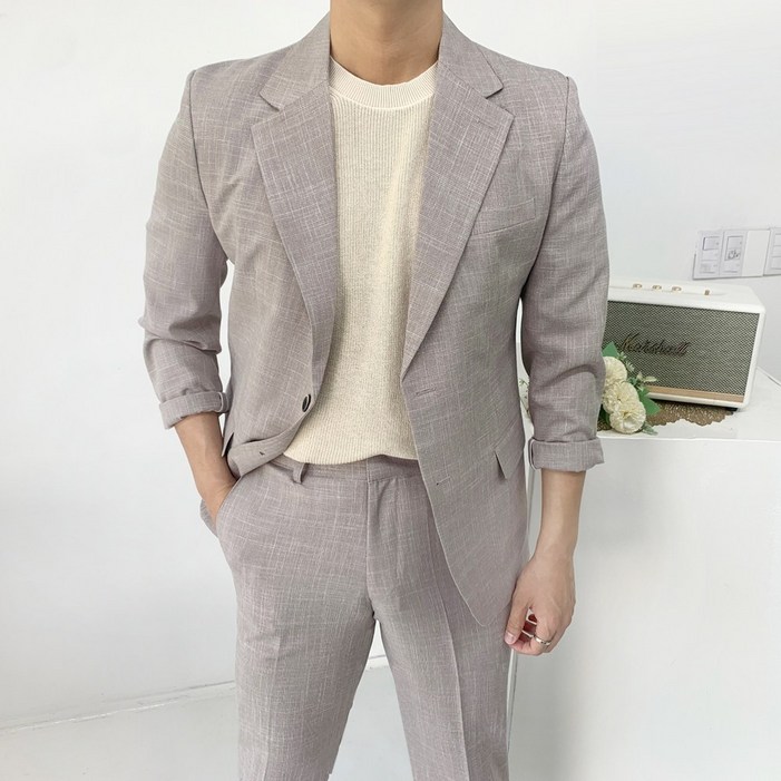 남자 여름 구김없는 결혼식하객룩 린넨 스판 보카시 체크 세미캐주얼 정장 셋업 수트