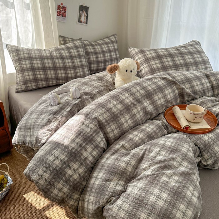 사계절 스트라이프 고밀도 부드러운 침구세트 체크 극세사 이불커버침대시트베개커버 세트