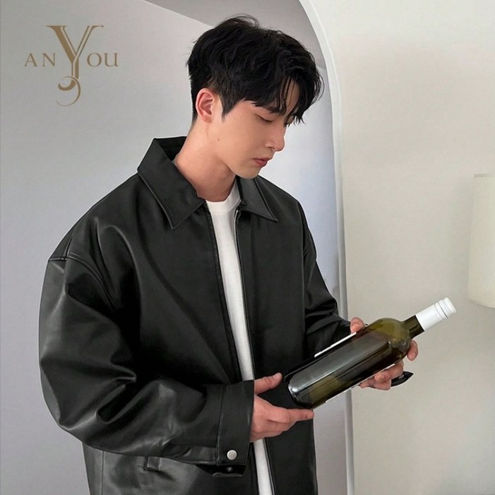 ANYOU 남성  PU 레더자켓 트렌디한 오버사이즈 레더 자켓 방풍 남성겨울자켓