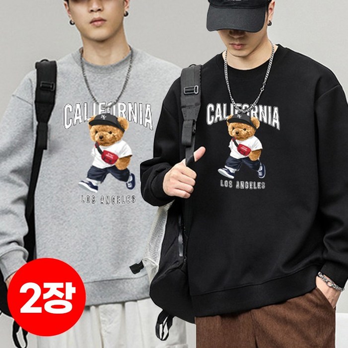 112장세트 스타일아유 가을 오버핏 맨투맨 코튼 라운드넥 유니크 베어 프린트 캐주얼 데일리룩 남성용 TS3064