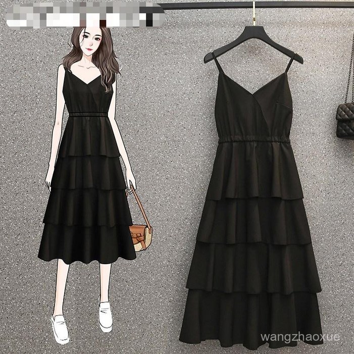 100kg까지 여름 추천 무지 캉캉 단아한 롱 원피스 끈나시 빅사이즈 날씬해보이는 특가상품 여성 패션 매력 브이넥 루즈핏 프릴 바캉스 여행 코디 이너 a라인 스커트