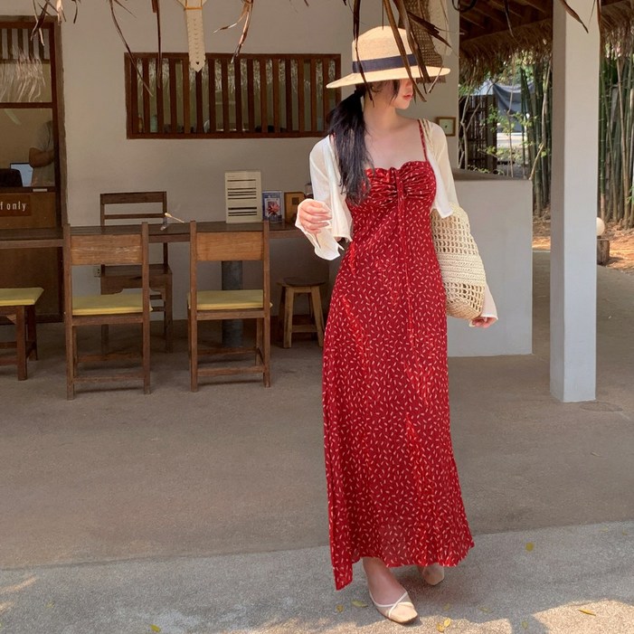 비치팜체리쉬 플라워 롱원피스 비치웨어 여름 나시 드레스 휴양지