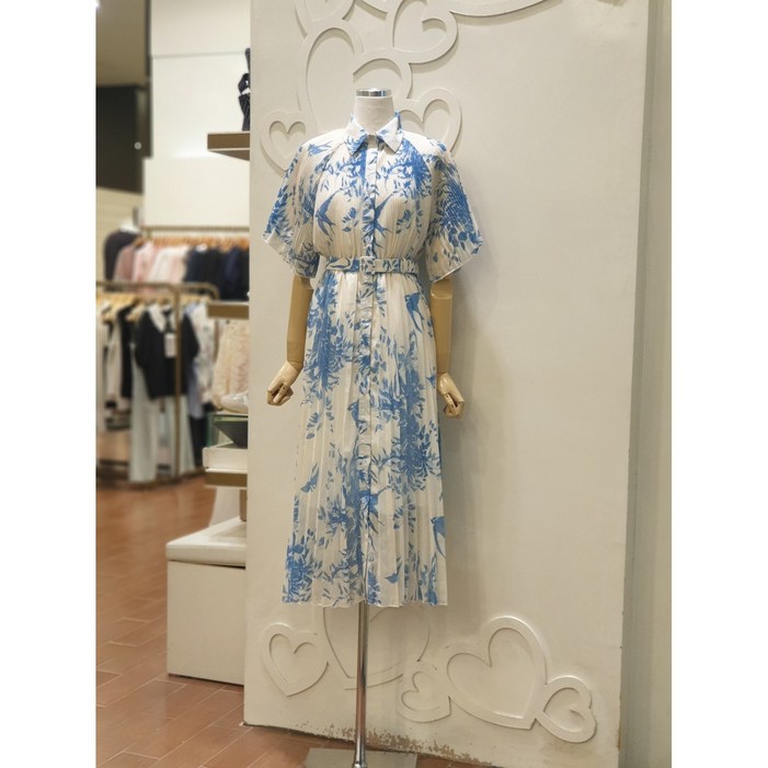 샤틴 프린팅 벨티드 플리츠원피스