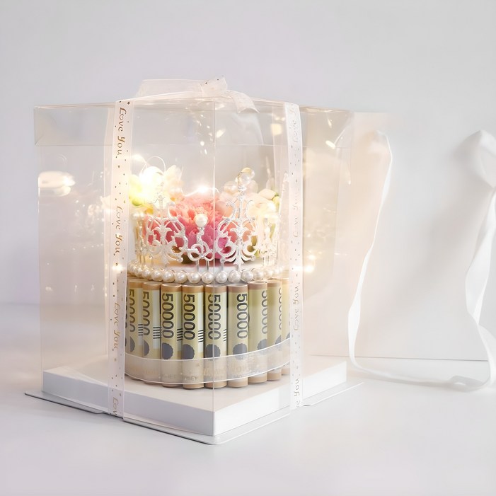 용돈박스 비누꽃 생신 생일 용돈 이벤트 왕관돈케이크  전용쇼핑백  페이크머니  LED전구, 1개, 핑크