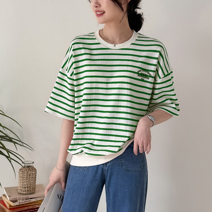 데일리앤 크리드 여성 루즈핏 자수 레터링 반팔 스트라이프 맨투맨 여름 기본 면 티셔츠