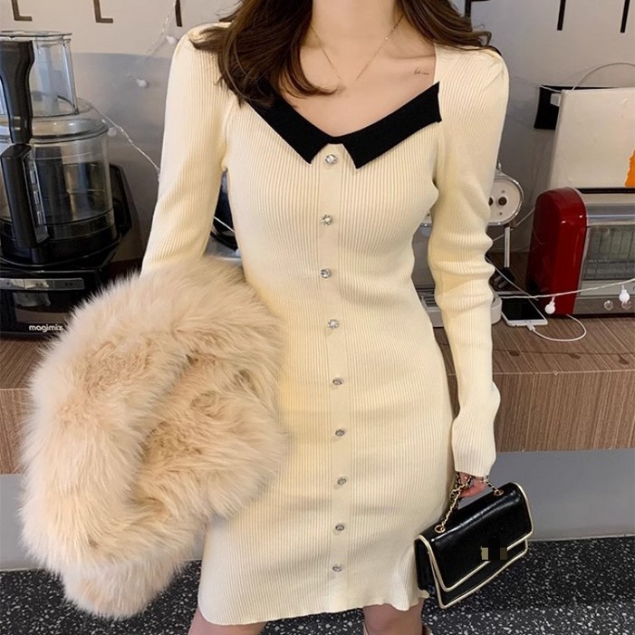 미중 여성 봄가을 뉴 긴팔 스퀘어넥 배색 니트 단추 슬림핏 명원 기품 원피스 jjcy