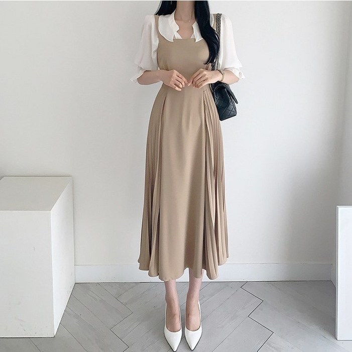 오늘출발 엘텍몰 스퀘어넥 뷔스티에 플리츠 원피스