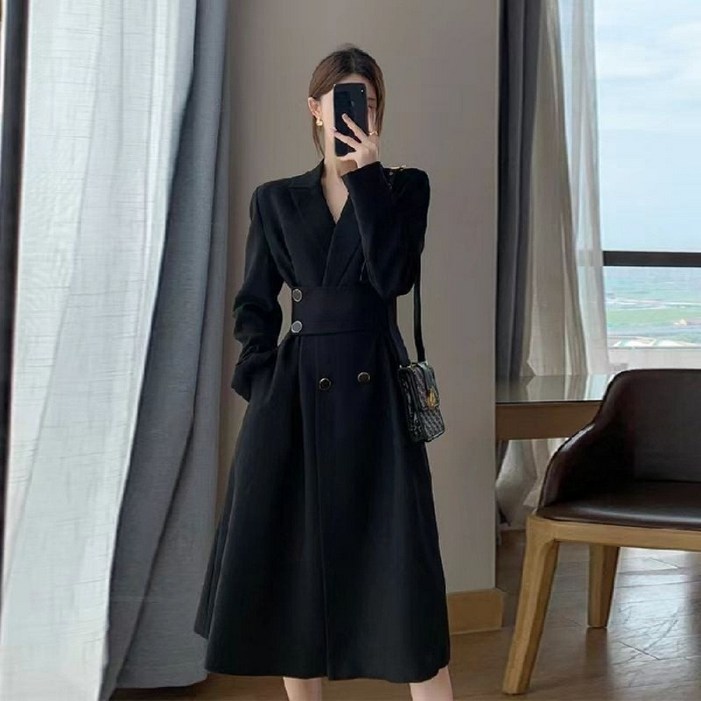 ANYOU 여성 봄 가을 프렌치 정장 원피스 고급 허리 여밈 하객룩