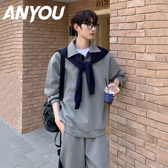 ANYOU 남성 옷 세트 루즈핏  맨투맨 세트  트레이닝 바지 세트 패션 캐주얼 투피스 봄가을