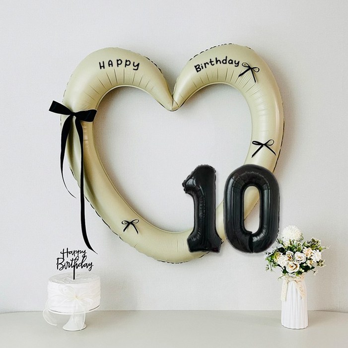 연지마켓 생일 이벤트 하트프레임풍선 블랙 숫자 생일파티 용품 세트 자유레터링, 1세트, 크림하트 숫자 10