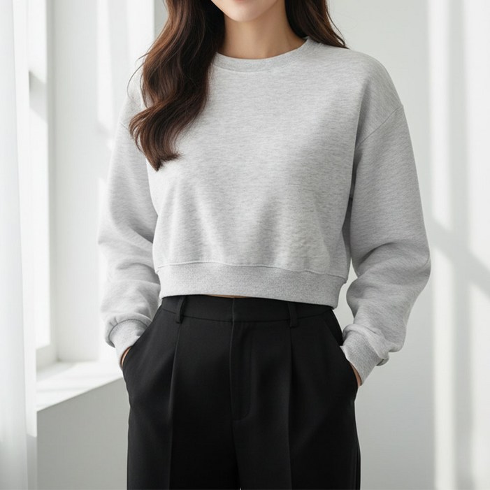 여성 세미크롭 맨투맨 오버핏 가을 겨울 기모 긴팔 티셔츠