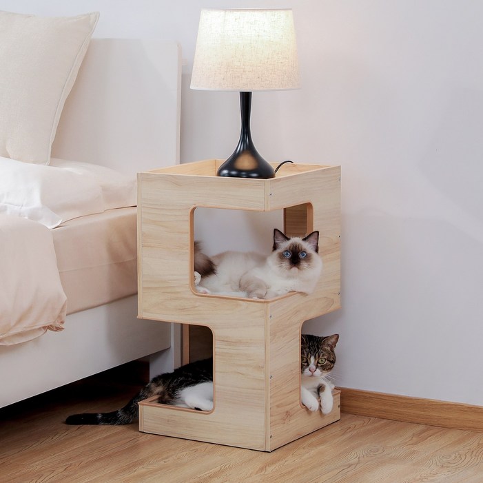 PAWZ Road  3단 원목 고양이 하우스 숨숨집 , 복층 캣타워 스크래쳐 협탁