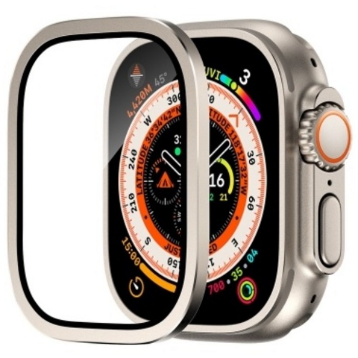 애플워치 울트라 호환 강화유리 보호 필름 일체형 메탈 베젤링 케이스, 티타늄