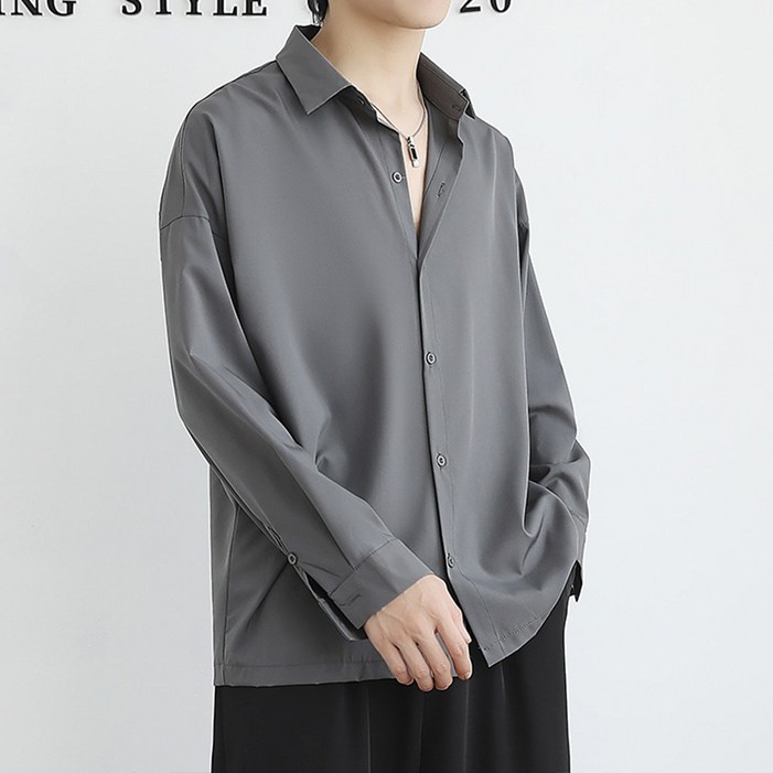 POMTOR 남성용 오버핏 사계절 긴팔 빅사이즈 캐주얼 오픈 셔츠