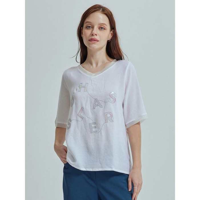 올리비아하슬러 화이트 하슬러 스팽글 자수 라운드 티셔츠 OHCMTS202