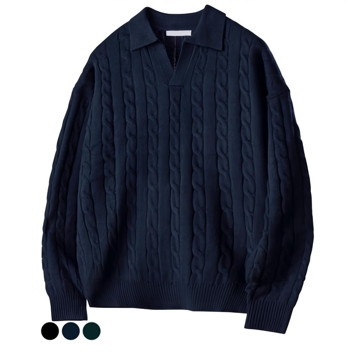 팀스핏 남성용 워셔블 빅사이즈 오버핏 꽈배기 카라 니트 티셔츠