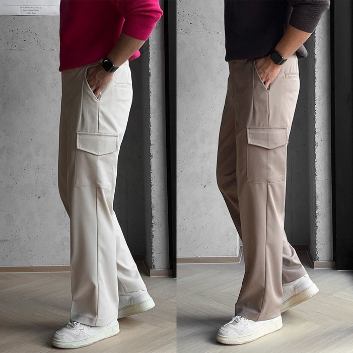원포켓 빅사이즈 밴딩 세미 와이드 카고 슬랙스 팬츠