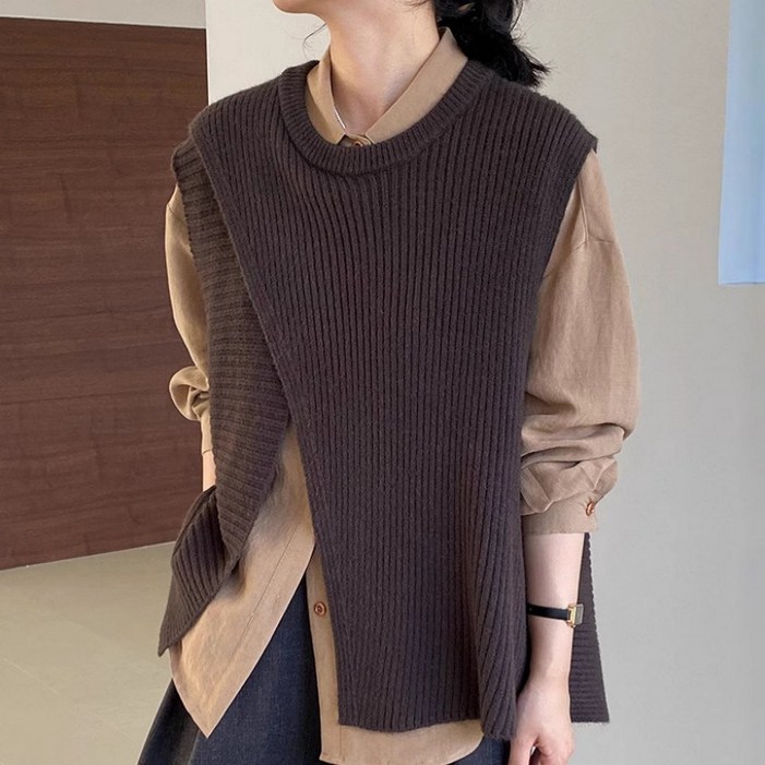 여성용 라운드넥 레이어드 루즈핏 니트 베스트 조끼 오버핏 캐주얼 데일리