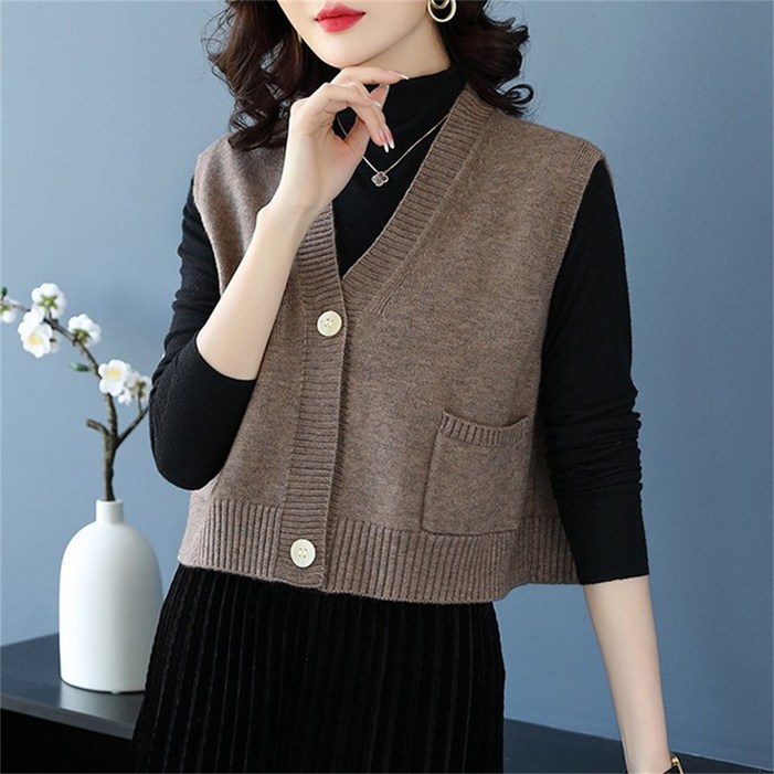 besteffie 조끼 중년 여성 브이넥 크롭 단추니트조끼 오픈단추 세미크롭 니트조끼 이쁜가을옷 엄마 스웨터 코트 배색 E55