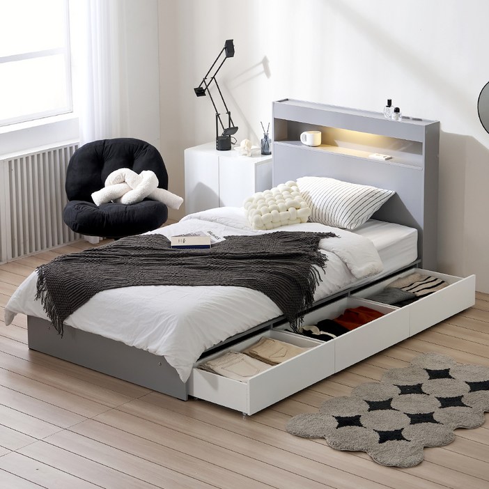 서울소호 LED 트리플 수납 침대프레임  파워 본넬 양면 매트리스 세트 방문설치, 그레이프레임, 화이트매트리스