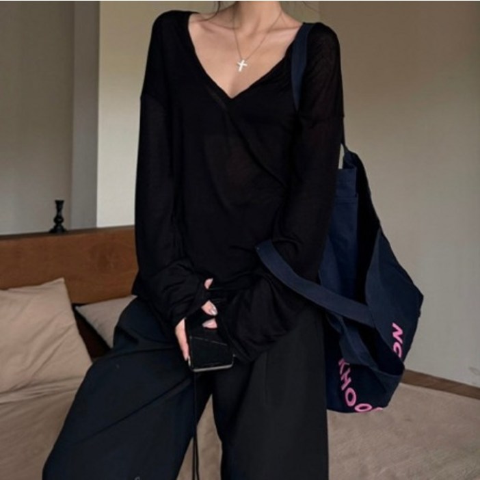 비비에모 여성용 체이틴 딥 브이넥 루즈핏 긴팔 티셔츠 10176