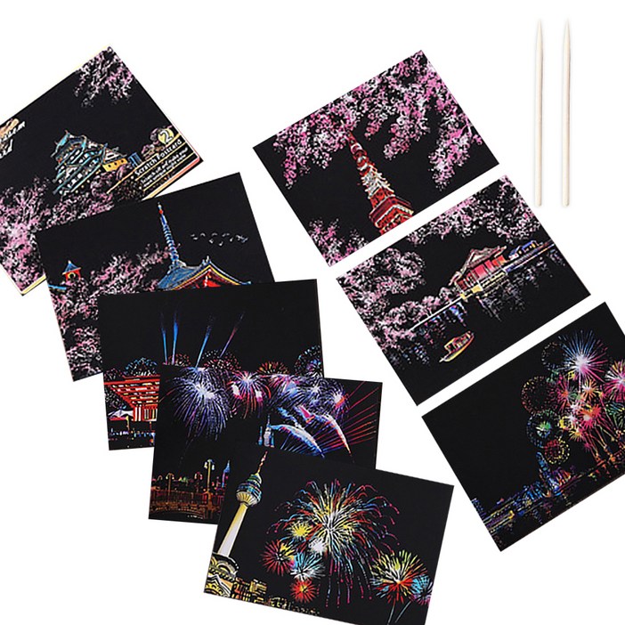 로모주 야경 스크래치북 엽서 카드 DIY 컬러링북 카드 8p  우드스틱 2p 세트, 불꽃축제, 벚꽃 야경카드, 1세트