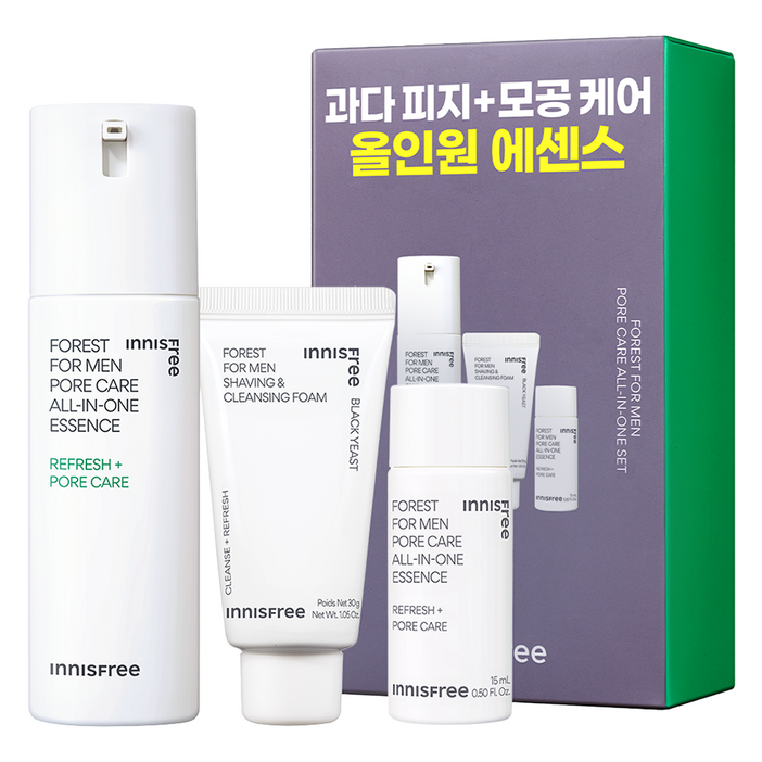 이니스프리 포레스트 포어 올인원 에센스 100ml  15ml  쉐이빙 클렌징 폼 30g 세트