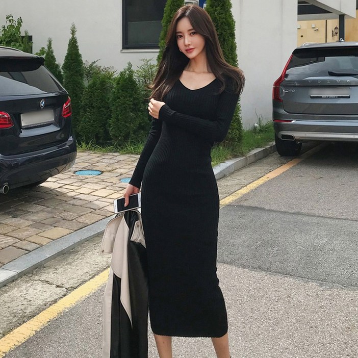 타니즈 브이넥 슬림 골지 니트원피스 플립