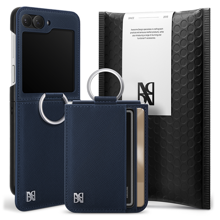 어썸디자인 오블리크 힌지 보호 수제 가죽 카드 지갑 휴대폰 케이스 + 링 세트