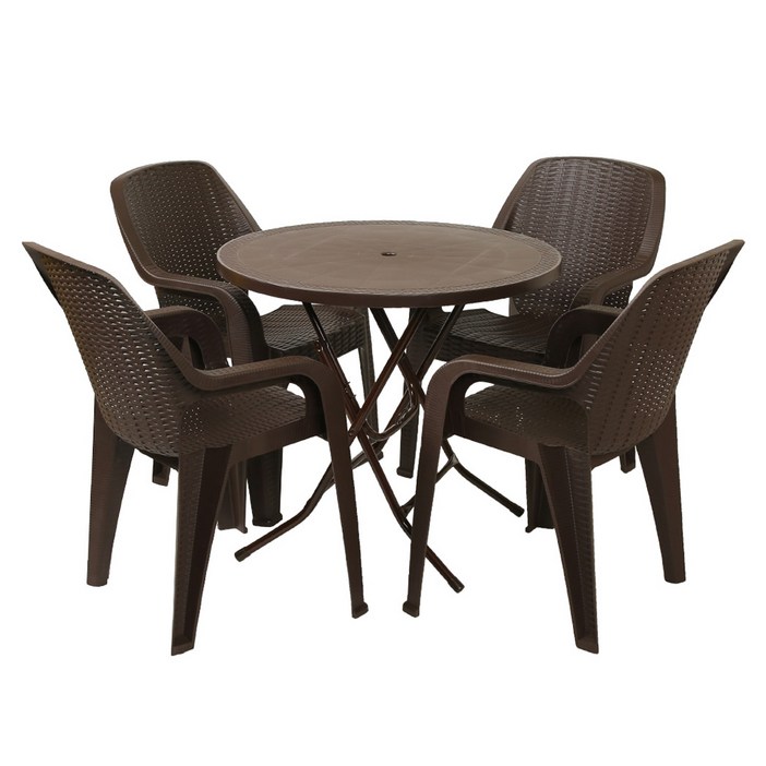 지오리빙 라탄 테이블 원탁 + 팔걸의 의자 4p 세트 고객직접설치, 브라운