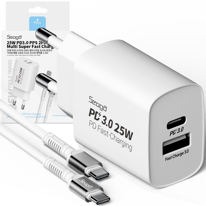 서가 25W PD3.0 PPS 2포트 멀티 C타입 초고속 충전기60W 메탈 고강도 CtoC 초고속 케이블 1.5m, 화이트, 1세트