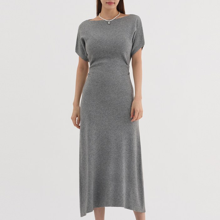 엘쏘 허리 셔링 슬림핏 반팔 A라인 롱 니트 원피스